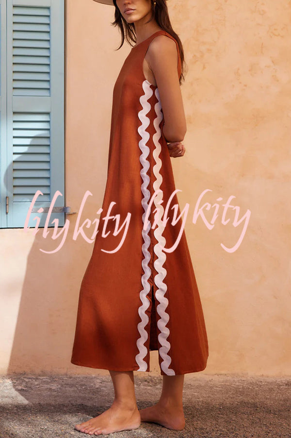 Vacation Villa Side Ric Rac Wave Trim Slit Loose Maxi Dress