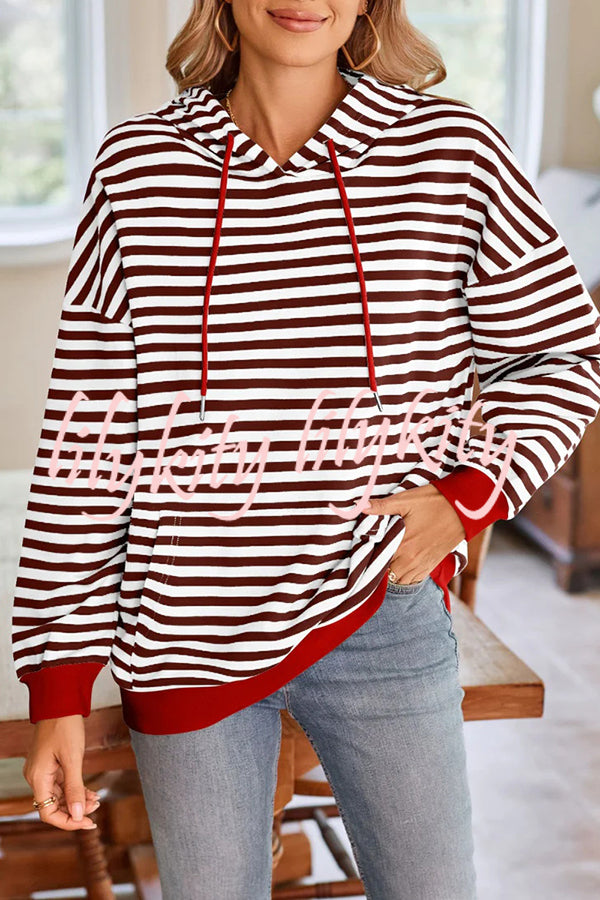 Striped Print Long Sleeve Pocket Loose Hoodie