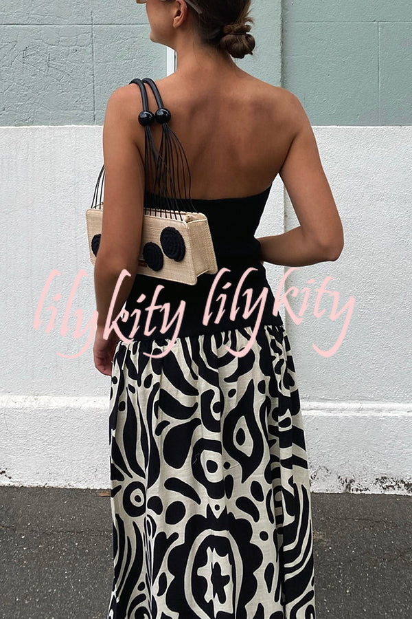 Gina Contrast Color Unique Print Strapless Stretch Maxi Dress