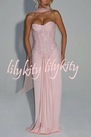 Carina Sequined and Satin Jersey Off Shoulder Ruched Knot Drape Maxi Dress