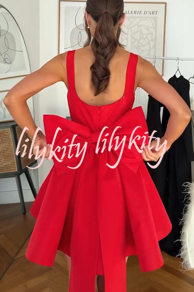 Red Drama Taffeta Square Neck Back Oversized Bow Pocket Mini Dress