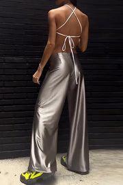 Sexy Halterneck Backless Lace-up and Metallic Wide-leg Pants Set