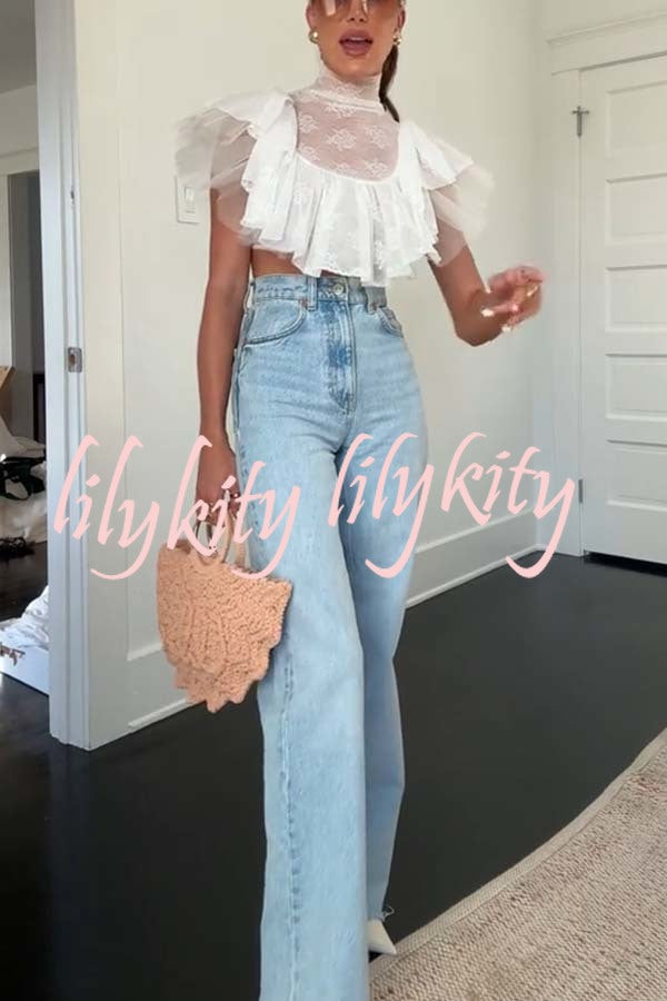 Kathlyn Lace Layered Tulle High Neck Ruffle Cropped Top
