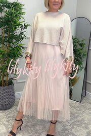 Fenna Ribbed Sequin Trim Batwing Sleeve Sweater and Pleated Tulle Stretch Tank Midi Dress Two-piece Set