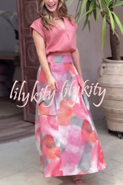 Laylin Wide Sleeve Shirt and Watercolor Print High Waist Drape Pocket Maxi Skirt Set