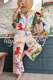 Bohemian Beauty Unique Print Short Sleeve Loose Shirt and Elastic Waist Pants Set