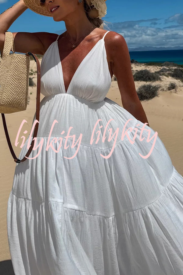 Bohemian Style V-neck Backless Slip Layered Vacation Maxi Dress