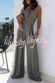Easy Mode Cross-neck Halter Strap Backless Wide Leg Jumpsuit