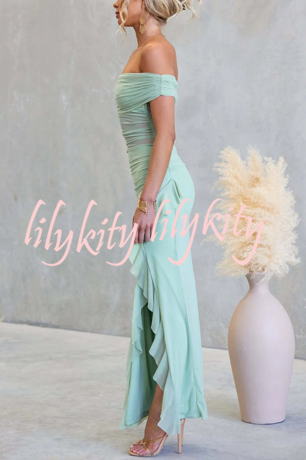Sexy Mesh Off-shoulder Slim Fit Ruffled Slit Maxi Dress