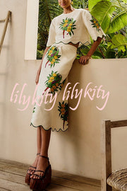Parrot Print Round Neck Loose Crop Top and Elastic Waist Pocket Casual Midi Skirt Set