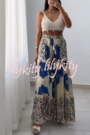 Unique Print Elastic High Waist Tie Pocket Holiday Style Wide Leg Pants