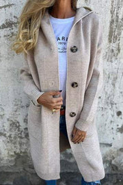 Solid Color Hooded Pocket Mid-length Knitted Cardigan