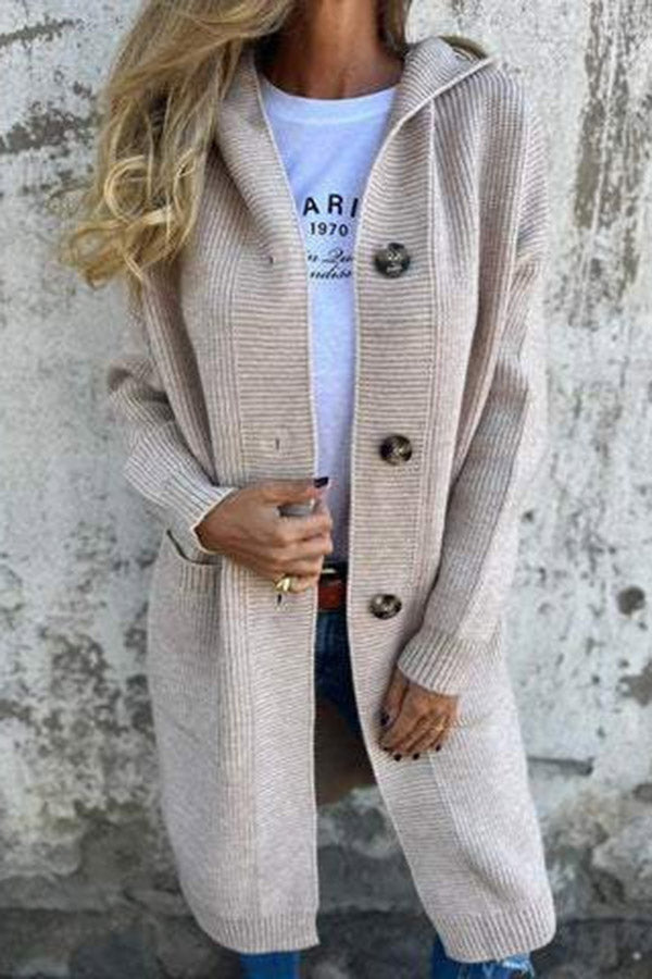 Solid Color Hooded Pocket Mid-length Knitted Cardigan