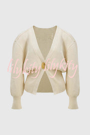 Only Yours Knit Metal Leaf Shape Button Lantern Sleeve Relaxed Cardigan