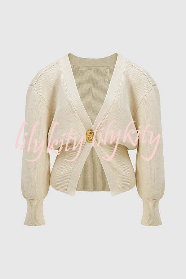Only Yours Knit Metal Leaf Shape Button Lantern Sleeve Relaxed Cardigan