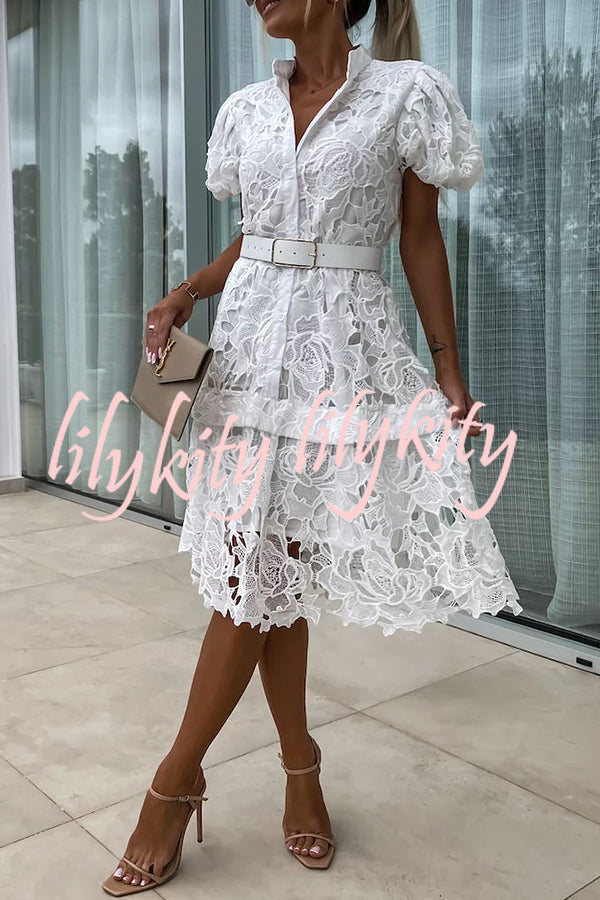 Absolutely Elegant Floral Crochet Lace Puff Sleeve Belted Shirt Midi Dress