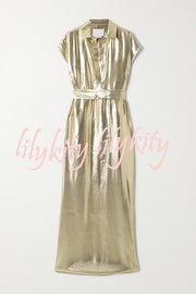 Francesca Metallic Satin-blend Button Short Sleeve Belted Shirt Maxi Dress
