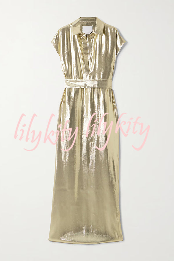 Francesca Metallic Satin-blend Button Short Sleeve Belted Shirt Maxi Dress