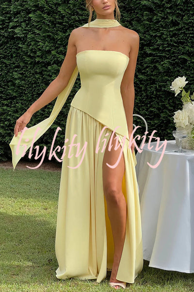 Elegant Off Shopulder Chiffon Pleated Hem Scarf Slit Maxi Dress