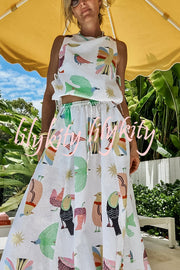 Island Paradise Linen Blend Unique Print Tie-up Slit Tank and Elastic Waist Pocketed Maxi Skirt Set