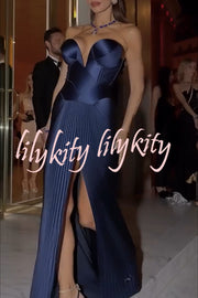 Stunning The Audience Plissé Satin Off Shoulder Drape Slit Gown Maxi Dress