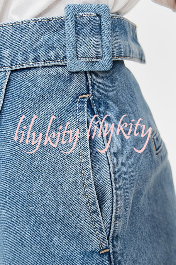 Fall for That Denim Faux Wrap Buckle Tie Pocketed Mini Shorts