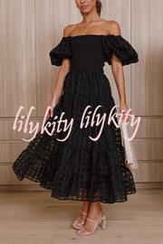 Solid Color Off-shoulder Lantern Sleeve Patchwork Midi Dress