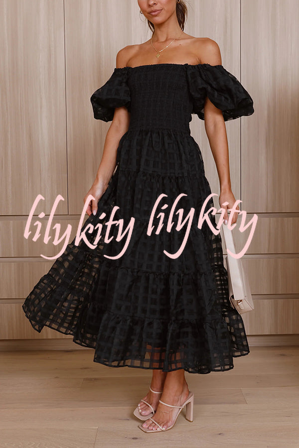 Solid Color Off-shoulder Lantern Sleeve Patchwork Midi Dress