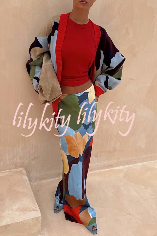 Bright and Bold Satin Abstract Color Blocks Print Elastic Waist Drape Maxi Skirt