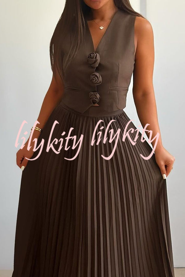 Stylish Rosette Sleeveless Tank Top and Pleated Maxi Skirt Set