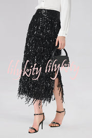 Evening Charm Layered Sequined Tassels High Rise Back Zipper Slit Midi Skirt