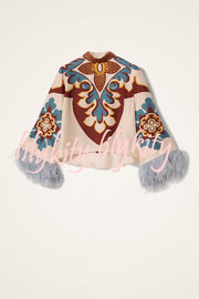 Bohemian Dreams Unique Print High Neck Feather Trim Bell Sleeve Top