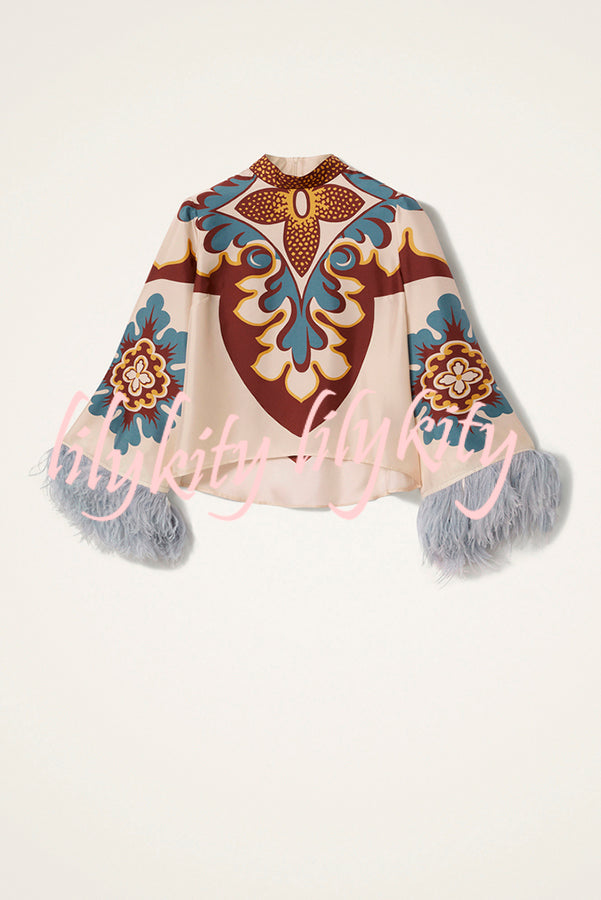 Bohemian Dreams Unique Print High Neck Feather Trim Bell Sleeve Top