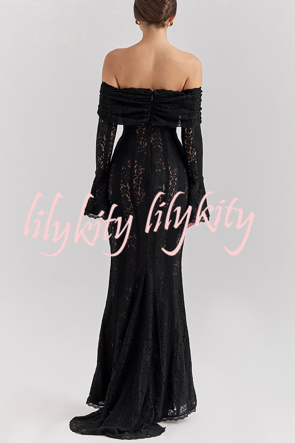 Outline The Curve Floral Lace Off Shoulder Bell Sleeve Stretch Maxi Dress