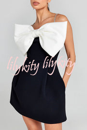 Eye-catching Satin Bow Applique Diamond Strap Contrast Pocketed Mini Dress