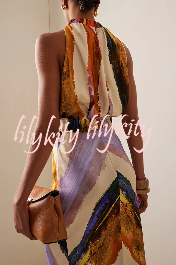 Unique Print Sleeveless Stretch Stand Collar Top and Elegant Maxi Skirt Set