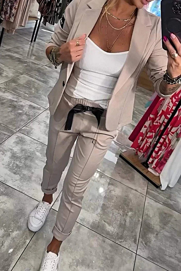 Smart Casual Lapel Blazer and Elastic Waist Tie Pocket Pants Set