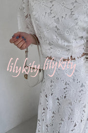 Elegant Embroidered Hollow Flowers Bell Sleeve Top and Full Hem Maxi Skirt Set