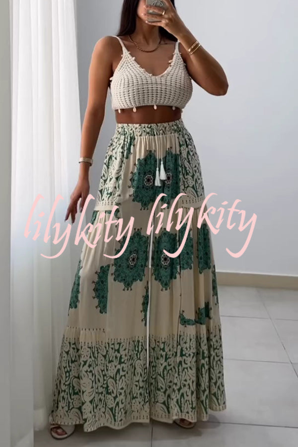 Unique Print Elastic High Waist Tie Pocket Holiday Style Wide Leg Pants