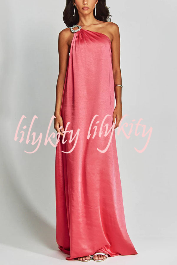 Charming Glance Satin Metal Hardware One Shoulder Loose Maxi Dress