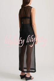 Embraces Modern Sheer Organza Pocket Oversized Tank and High Rise Slit Midi Skirt Set