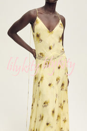 Sunset Glow Floral Print V-neck Thin Straps Flare Hem Maxi Dress