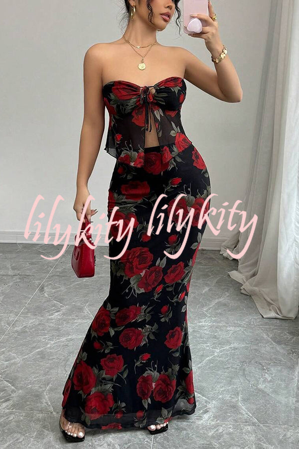 Floral Print Sexy Bandeau Lace-up Top and Slim Mesh Stretch Maxi Skirt Set