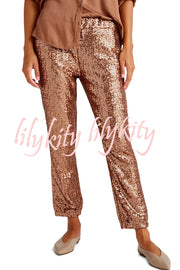 Christmas Dinner Sequin Mid Rise Elastic Waist Pocket Tapered Pants