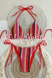 Knit Wave Unique Print Stretch Tie Bikini Swimsuit