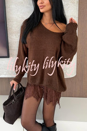 Comfy and Sweet Knit Lace Patchwork Hem Wide Neck Long Sleeve Loose Sweater