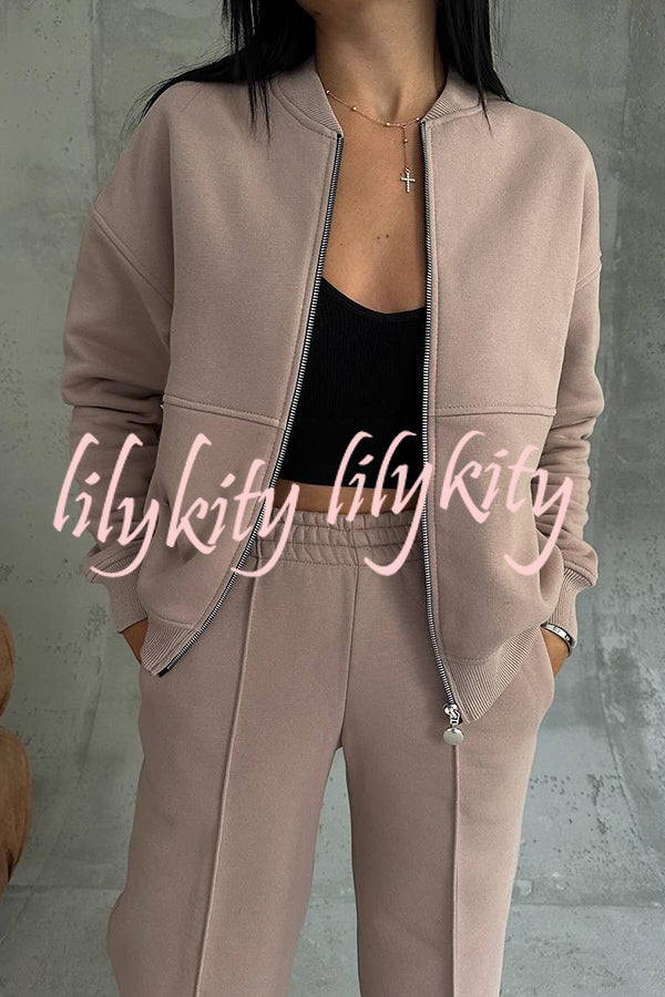 Solid Color Casual Long Sleeve Zipper Jacket and Elastic Waist Pocket Wide Leg Pants Set