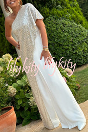 Party Favors Sequin One Shoulder Ruffle Detail Wide Leg Evening Jumpsuit