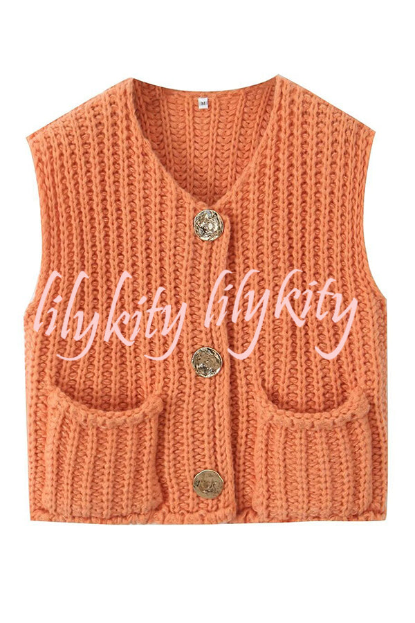 Solid Color Sleeveless Pocket Knitted Vest