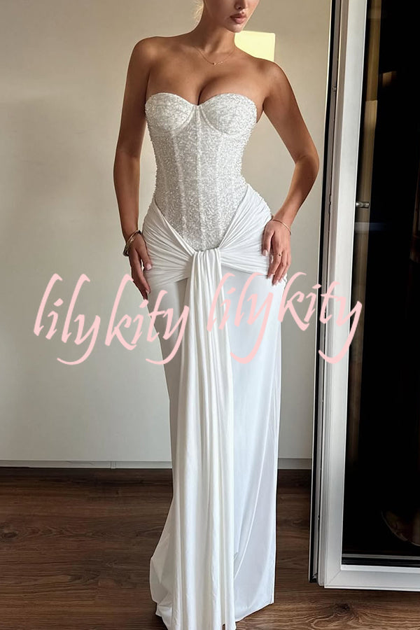 Carina Sequined and Satin Jersey Off Shoulder Ruched Knot Drape Maxi Dress